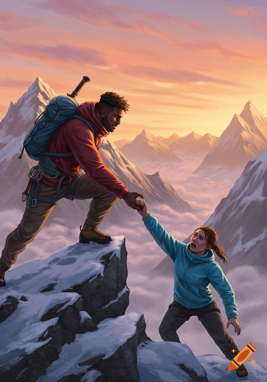 An illustrated man helps a woman climb a snowy mountain peak, with orange sky and clouds, other peaks visible.