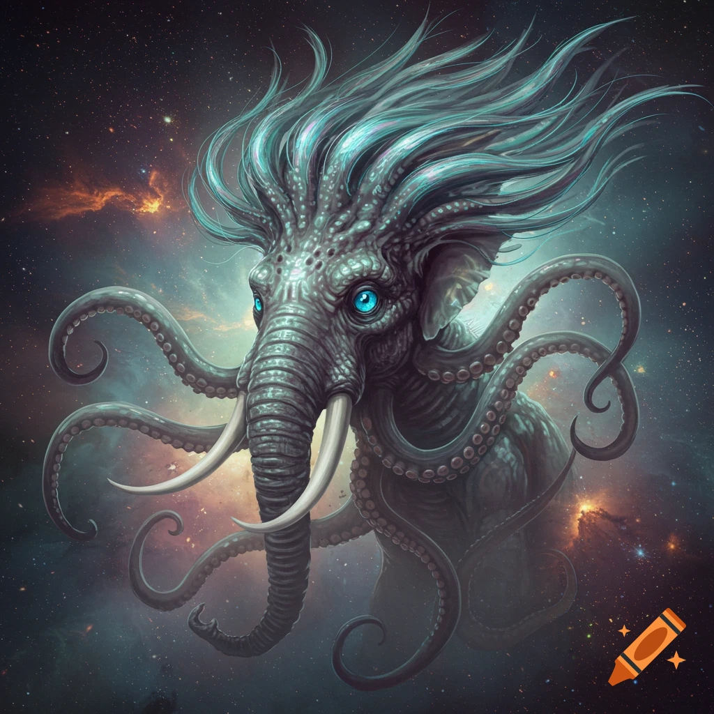 A blue-eyed elephant-squid creature with tentacles and wispy hair floats in a starry cosmic space with nebulae.