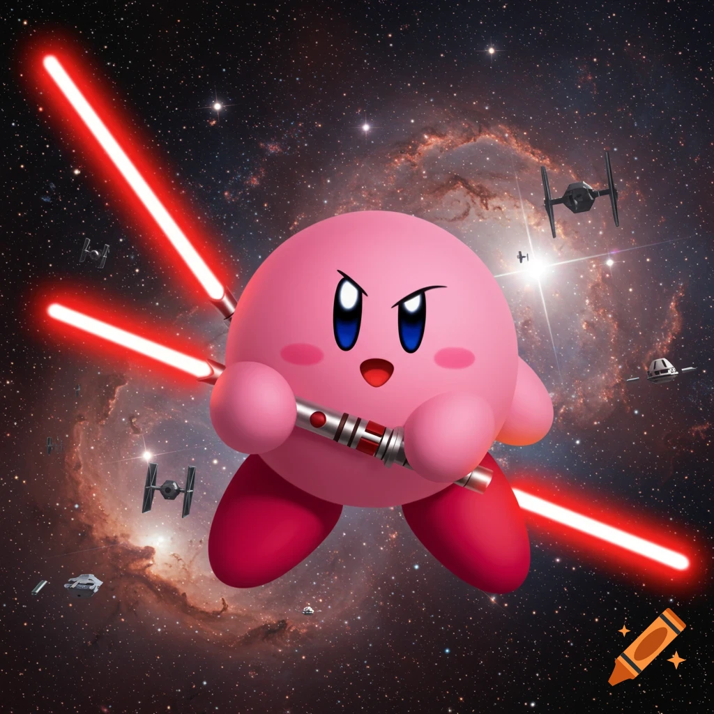 Pink Kirby holds two red lightsabers in a star-filled space background with TIE fighters and other spaceships.