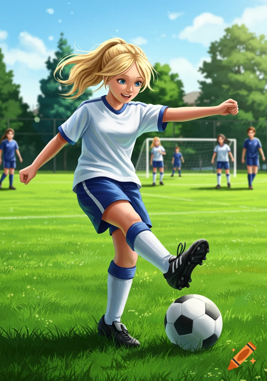A blonde girl in a blue and white soccer uniform kicks a soccer ball on a green field in a bright, animated style.