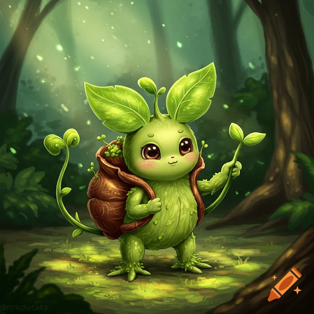 A cute, chibi-style green plant creature with leaf ears and a bark-like backpack stands in a magical forest.