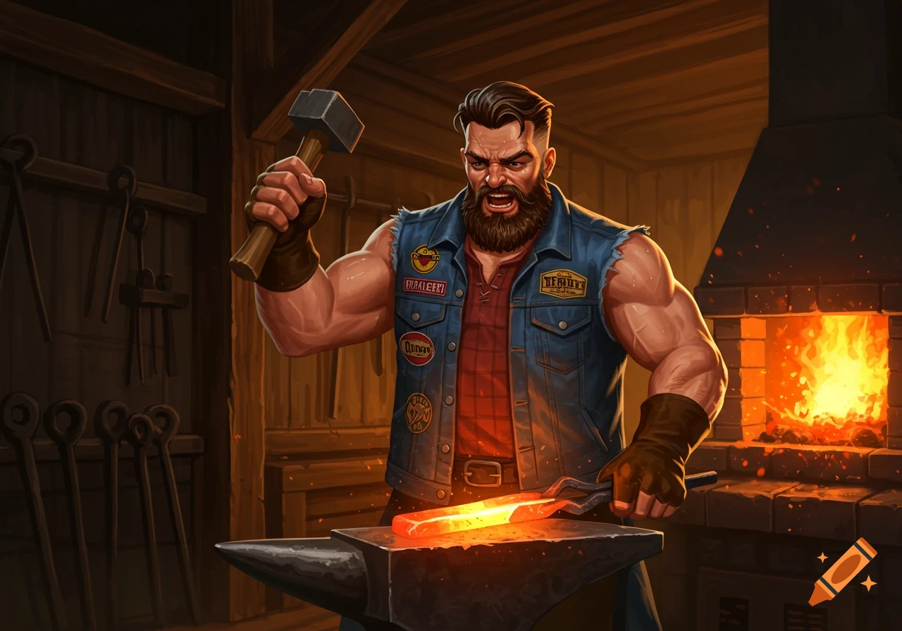 An illustration of a muscular, bearded man blacksmith hammering glowing metal on an anvil in a forge.