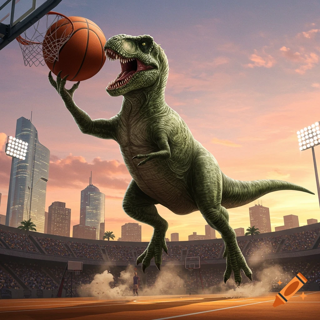 A large green T-Rex dinosaur dunks a basketball in a stadium during sunset, with a city skyline in the background.
