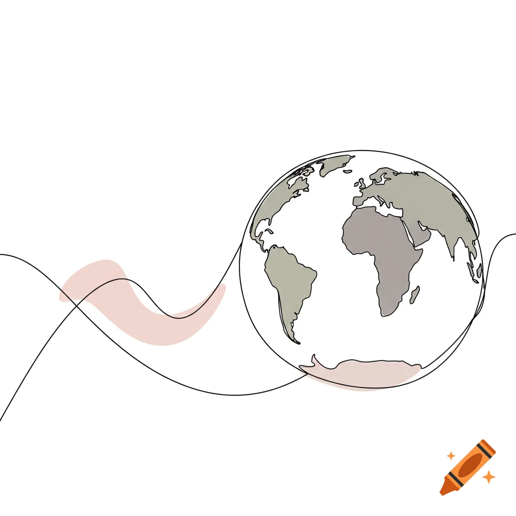 Minimalist continuous line art drawing of Earth with light grey and pink landmasses, against a white background.