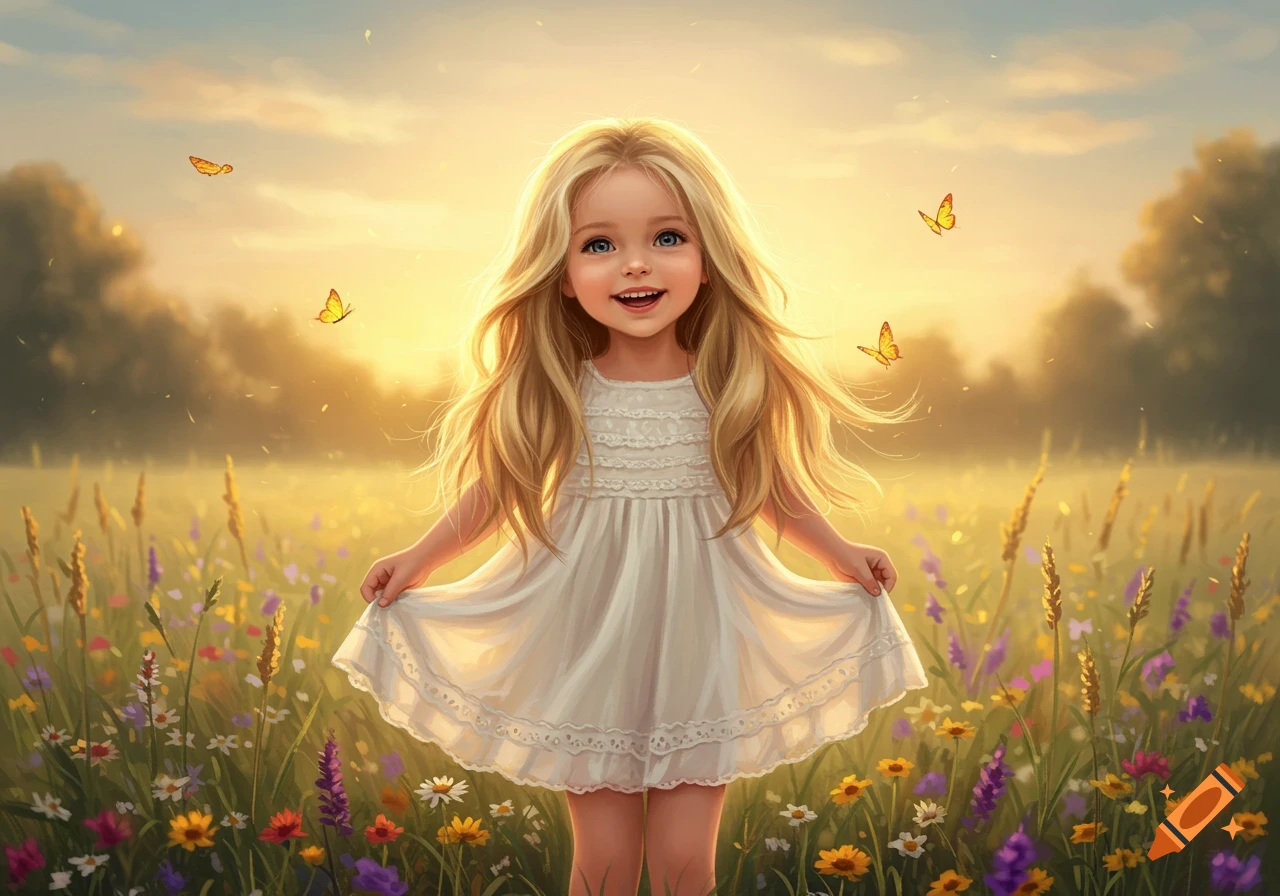 A smiling blonde girl in a white dress stands in a sunlit field with wildflowers and butterflies.