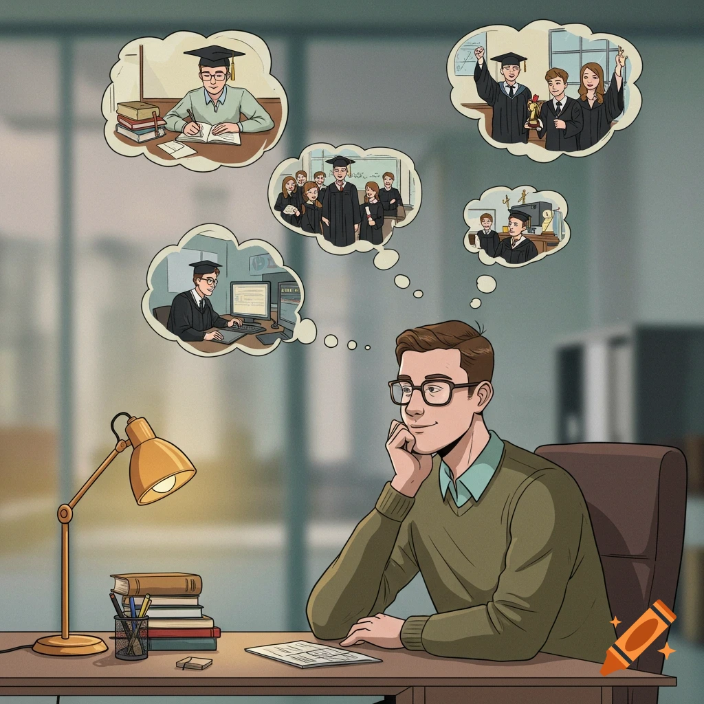 An illustration of a man with glasses at a desk, thinking about his life journey including studying, graduating, working, and receiving an award.