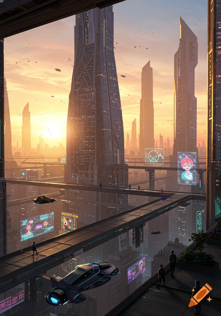 A vibrant futuristic cityscape at sunrise, with towering skyscrapers, elevated walkways, flying vehicles, and holographic displays.