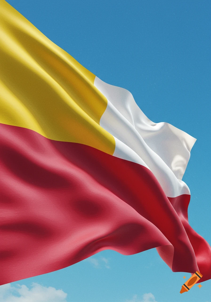A yellow, white, and red flag waves against a bright blue sky.