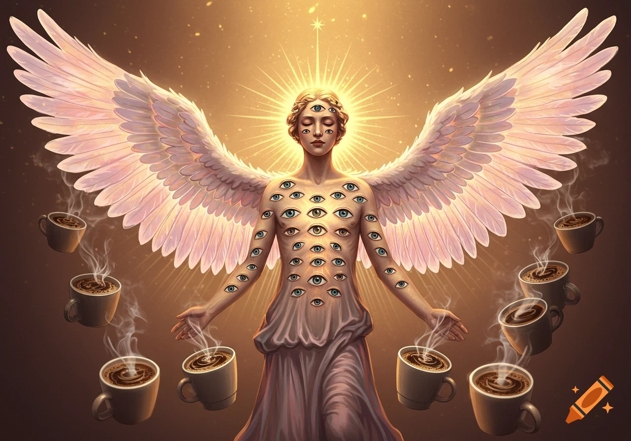 A many-eyed, biblically accurate angel with large white wings bathed in golden light, surrounded by steaming coffee cups.