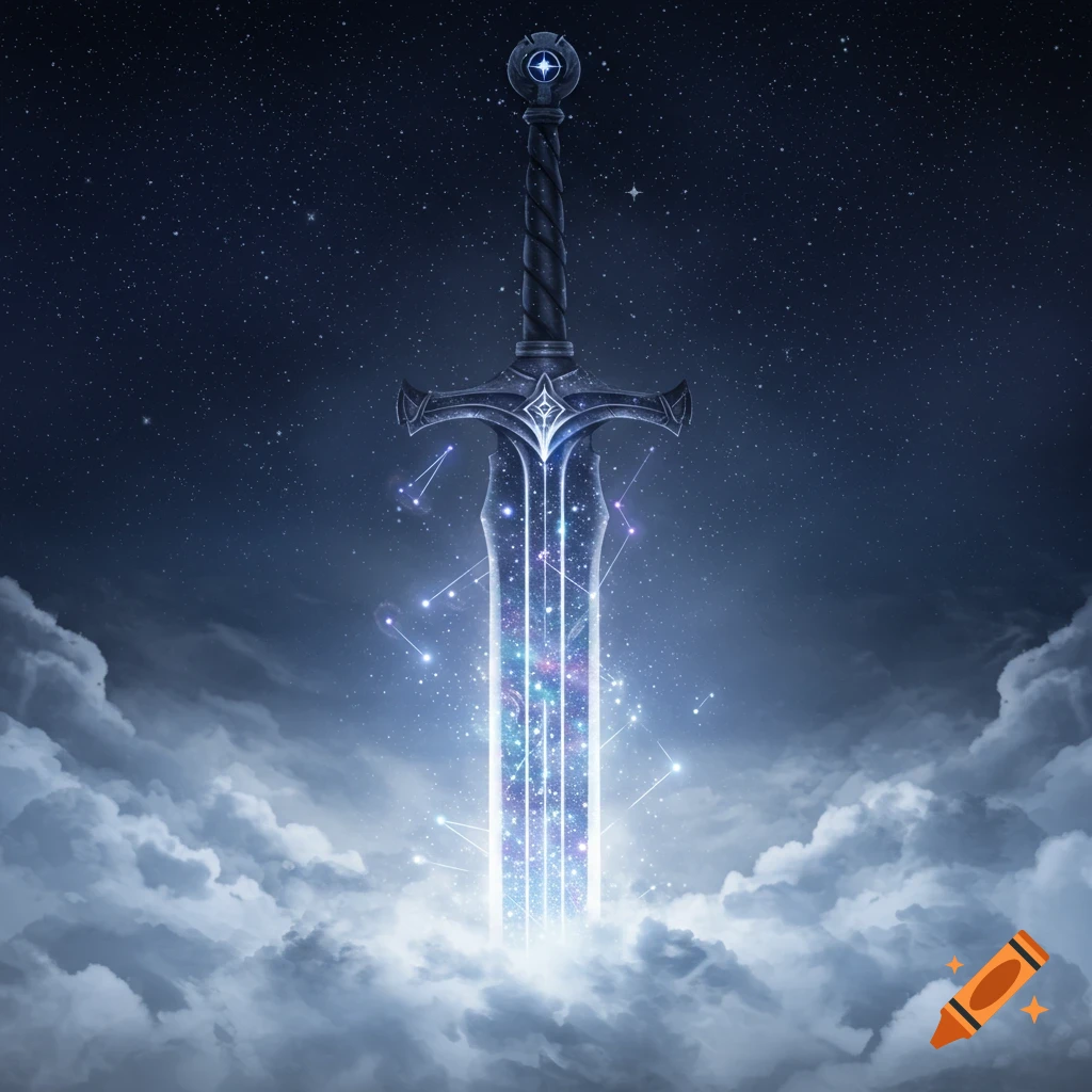 A majestic sword with a cosmic blade and glowing constellations emerges from clouds under a starry night sky.