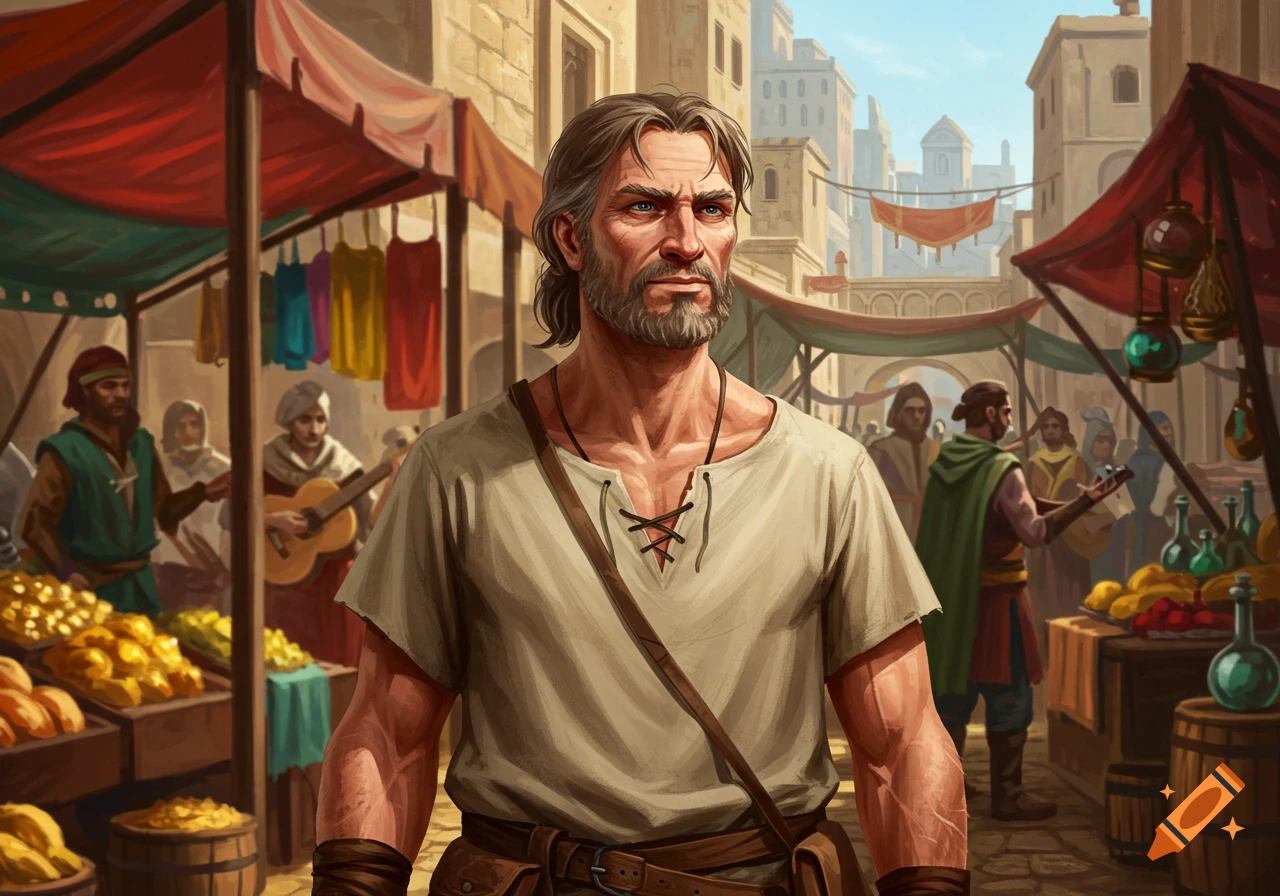 A bearded man in simple clothing stands in a bustling medieval market, with stalls and other people in the background. Illustration.