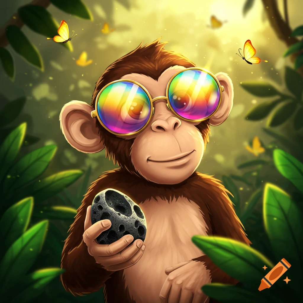 A cartoon monkey wearing rainbow sunglasses holds a black, porous rock in a vibrant jungle setting with butterflies.
