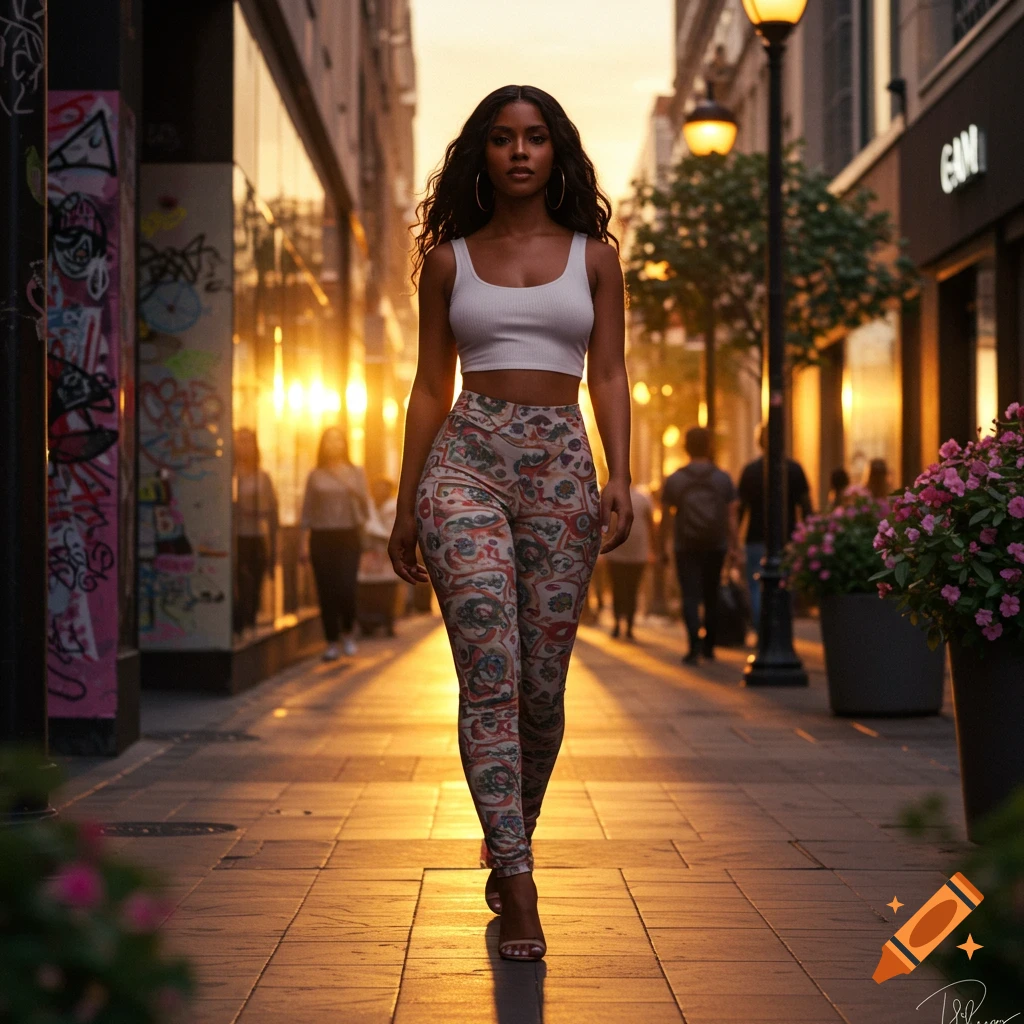A woman in a white crop top and patterned leggings walks on an urban street at sunset, with buildings and other people in the background.