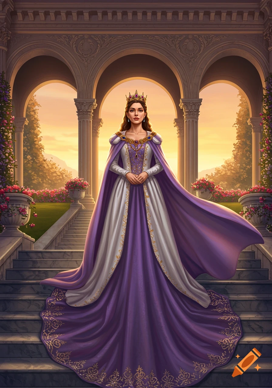 A queen in a purple and white gown with a gold crown stands on marble steps in front of a palace with arches, a garden, and a sunset.