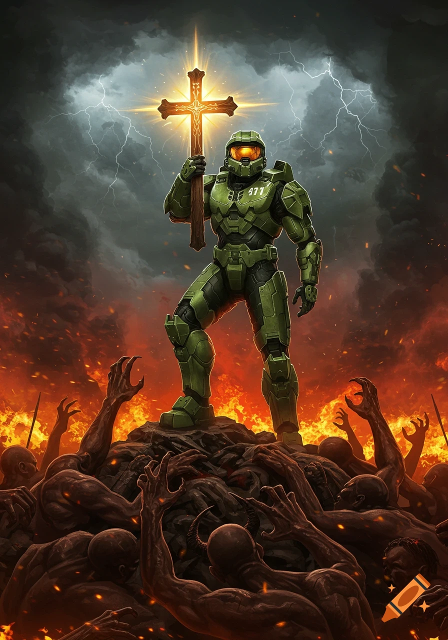 Master Chief from Halo, in green armor, stands victoriously on a pile of stylized demons and bodies in a fiery, hellish landscape under a stormy, lightning-filled sky. He holds a glowing wooden Christian cross triumphantly.