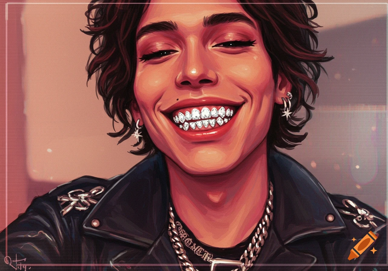 A close-up stylized portrait of a smiling person with dark hair, wearing a black leather jacket and a silver chain with a diamond grill on their teeth.