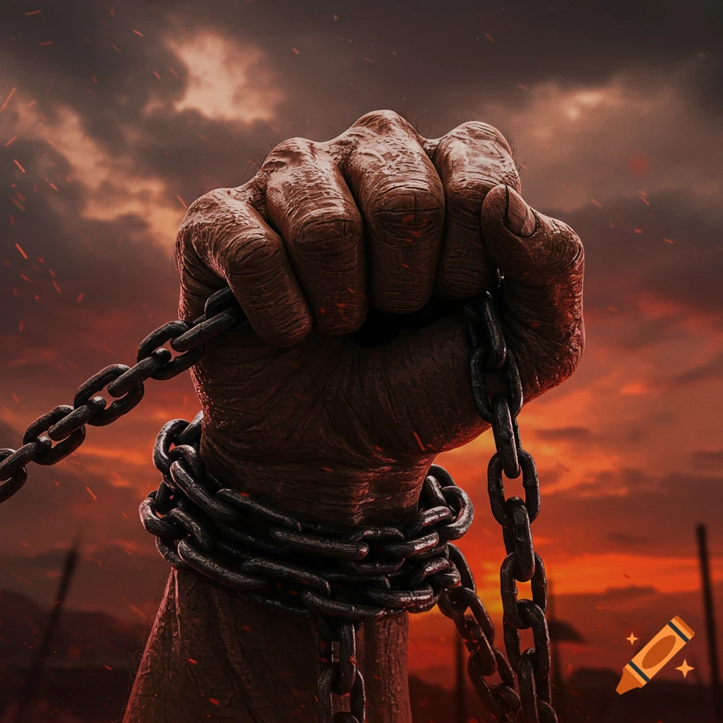 A close-up, dramatic shot of a strong, clenched fist wrapped in and holding heavy chains against a fiery, smoke-filled sky.