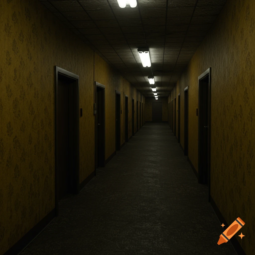 A long, dim corridor with mustard yellow patterned wallpaper, numerous closed doors on both sides, and a row of fluorescent lights on the ceiling, receding into the distance.