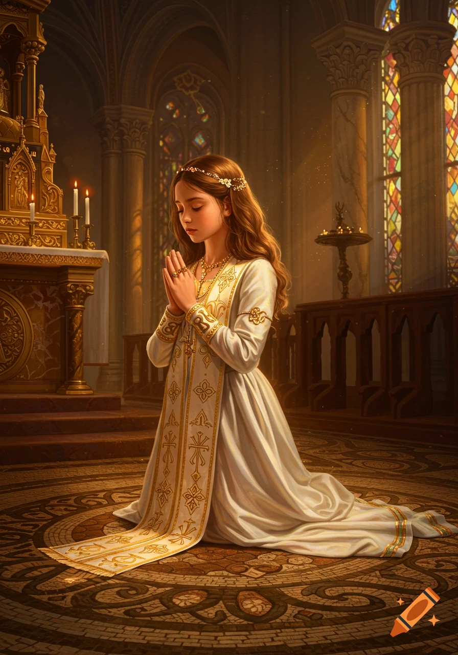 A young girl with long brown hair kneels in prayer inside an ornate church, wearing a white and gold dress and jewelry.