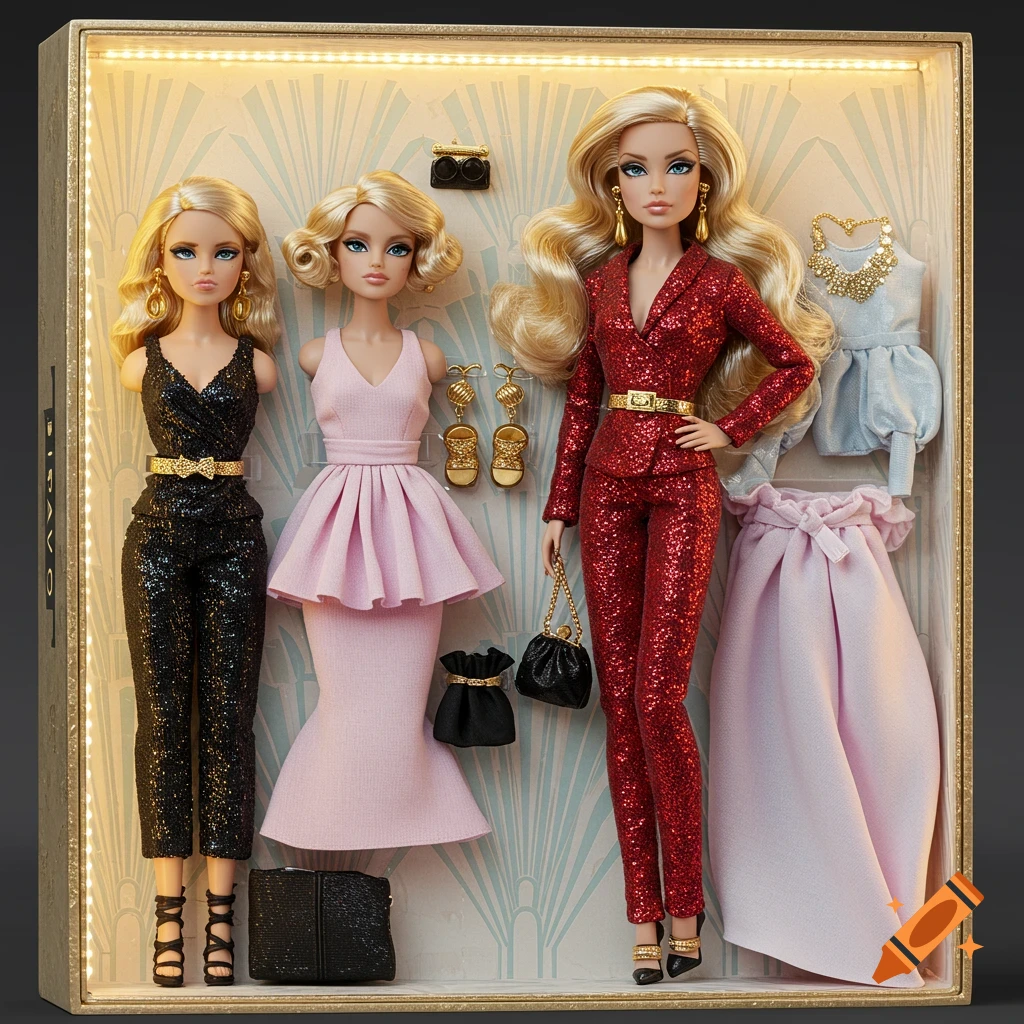 Three blonde fashion dolls and their elaborate outfits and accessories, including a red sequin suit and pink gown, displayed in a decorative, illuminated box.