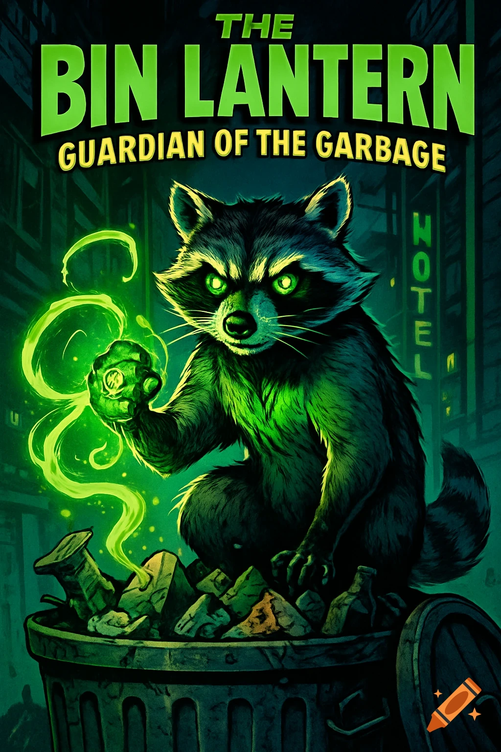 A stylized comic book cover features a raccoon with glowing green eyes, holding a glowing green orb, sitting atop a trash can. Green text reads 'THE BIN LANTERN GUARDIAN OF THE GARBAGE'.