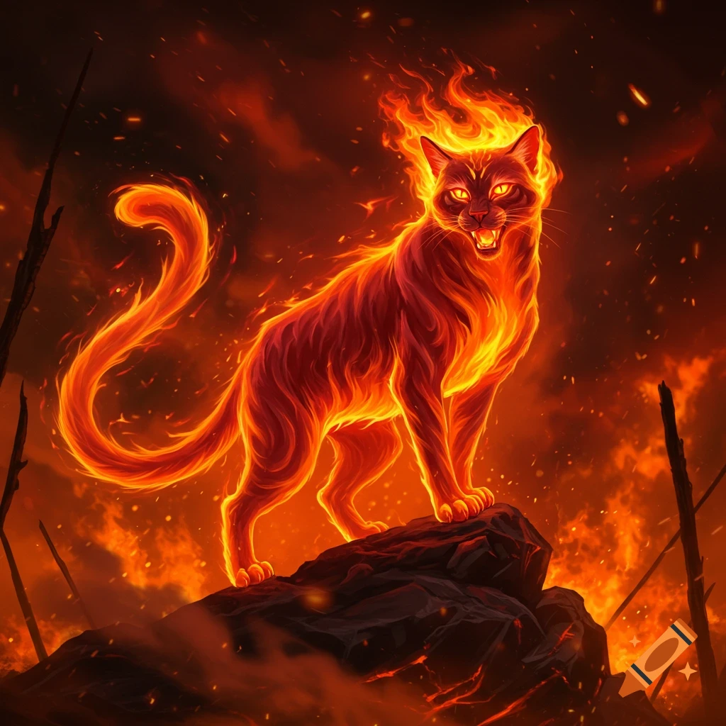 A majestic, glowing cat made of fire stands on a rock in a fiery, smoke-filled landscape, looking intensely forward.