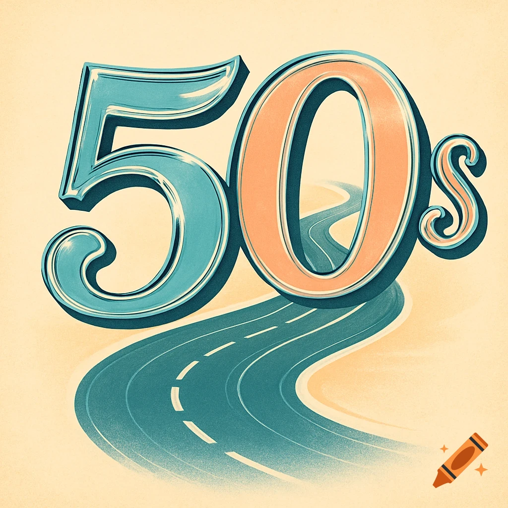 Stylized blue and orange '50s' text with a winding road, retro illustration.