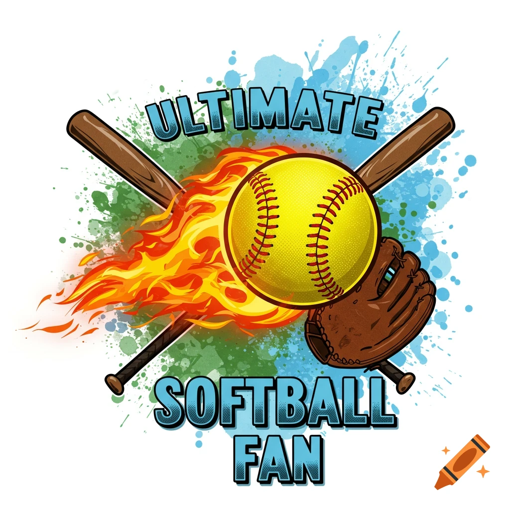 Graphic design of a flaming softball, crossed bats, and a glove with "Ultimate Softball Fan" text on a paint splattered background.