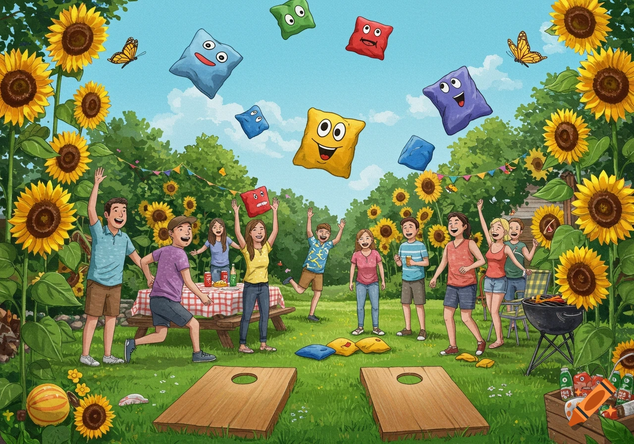 Cartoon illustration of a diverse group of happy people playing cornhole at a sunny outdoor party with sunflowers.