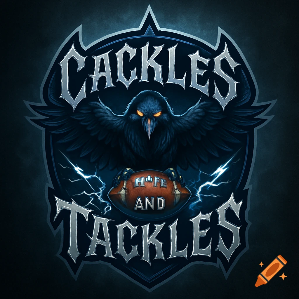 A dark blue raven with glowing orange eyes on a shield logo, holding a football with text, surrounded by lightning bolts. Text reads 'CACKLES' and 'TACKLES'.