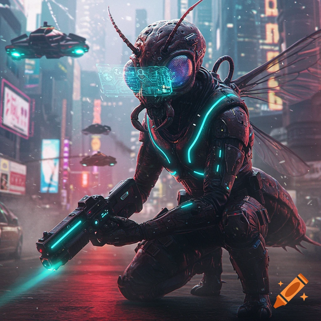 A photorealistic insect alien bounty hunter in futuristic tactical gear crouches with a glowing weapon in a neon-lit city.