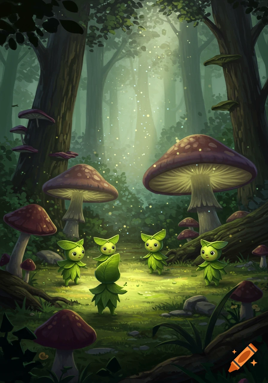 Five adorable green leaf-like creatures stand among large mushrooms in a magical, misty forest with glowing particles.
