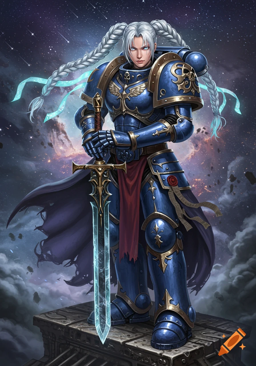 A female Space Marine with long white braids, wearing blue and gold power armor, holding a glowing sword, standing against a cosmic background.