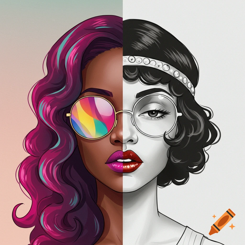 A cartoon split portrait of a woman's face, with one side a colorful modern depiction and the other a black and white 1920s flapper.