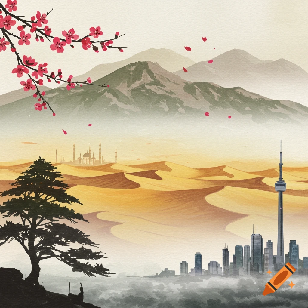 A traditional Chinese watercolor painting of a landscape blending cherry blossoms, misty mountains, sand dunes, Middle Eastern architecture, a cedar tree, and the Toronto skyline.