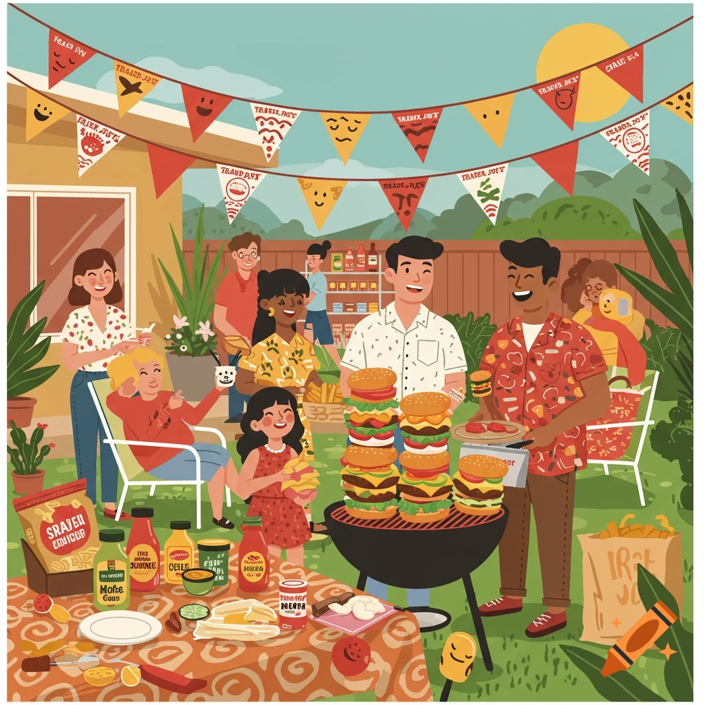 A colorful mid-century modern cartoon of a backyard barbecue with families, food, and Trader Joe's themed decorations.