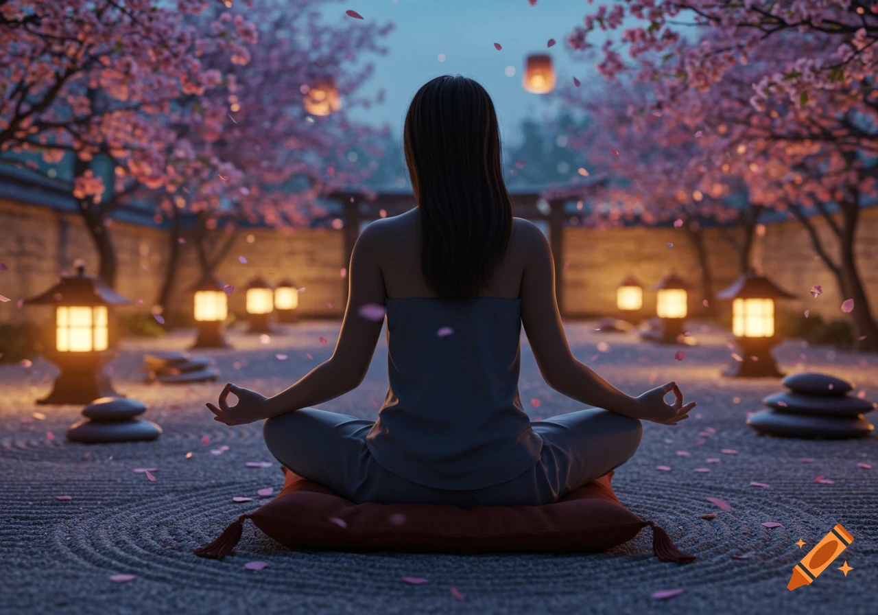 A woman meditates in a serene Japanese garden with cherry blossoms and glowing lanterns at dusk.