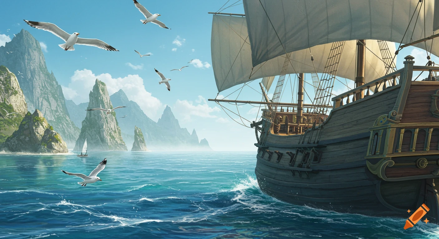 A large wooden sailing ship on a turquoise sea, with towering rocky islands and seagulls flying under a clear blue sky.