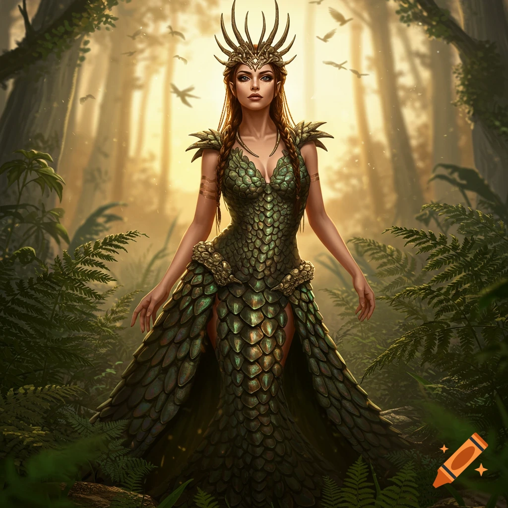 A beautiful fantasy woman with long braids and a spiky crown stands in a forest, wearing a green, scale-like dress.