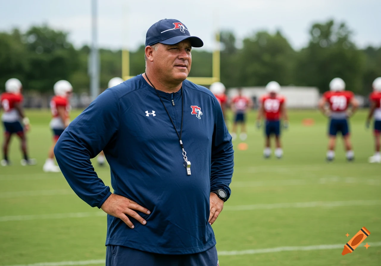 A football coach in a navy blue shirt and cap stands on a green football field, with blurred players in red jerseys in the background.