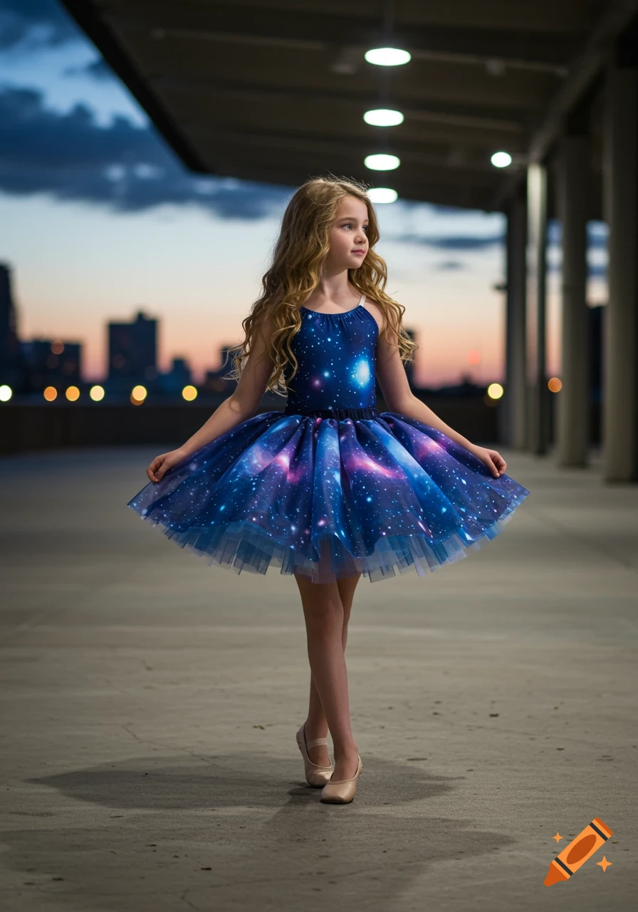 A young girl with long, wavy hair wears a blue galaxy-print dress with a layered tutu skirt while standing outdoors at dusk.