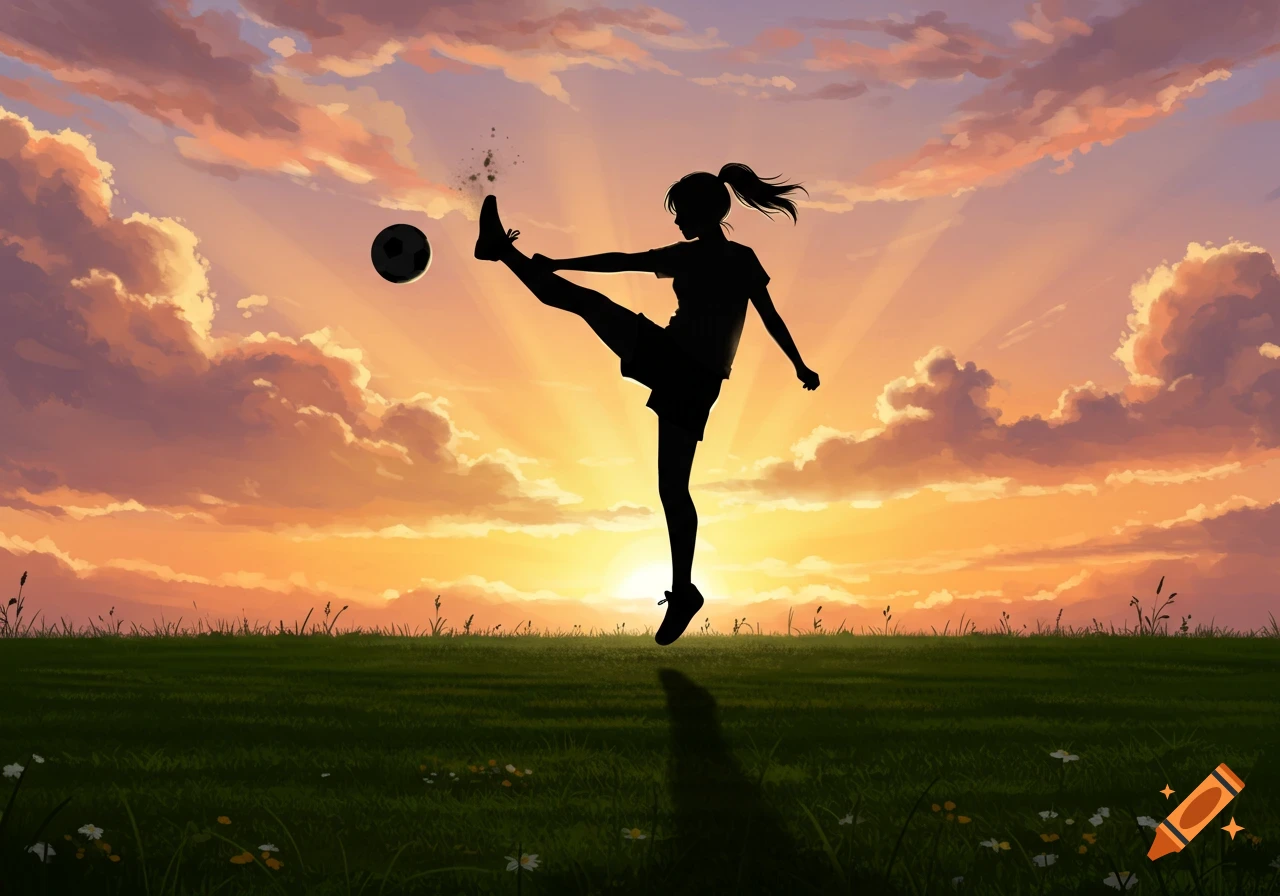 Silhouette of a teen girl kicking a soccer ball on a grassy field at sunset, illustration style.