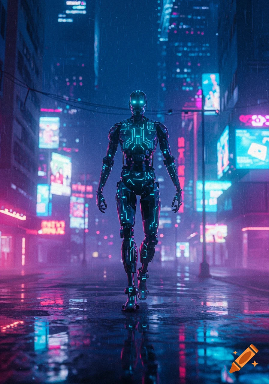 A robot with glowing blue circuitry walks down a neon-lit, rainy cyberpunk city street at night.