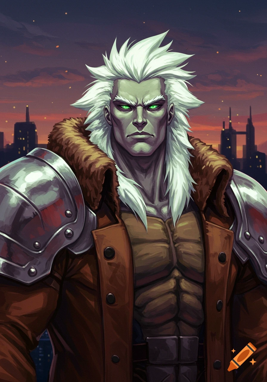 Muscular man with white spiky hair, gray skin, glowing green eyes, in a fur-lined coat and metal shoulder pads, city skyline background.