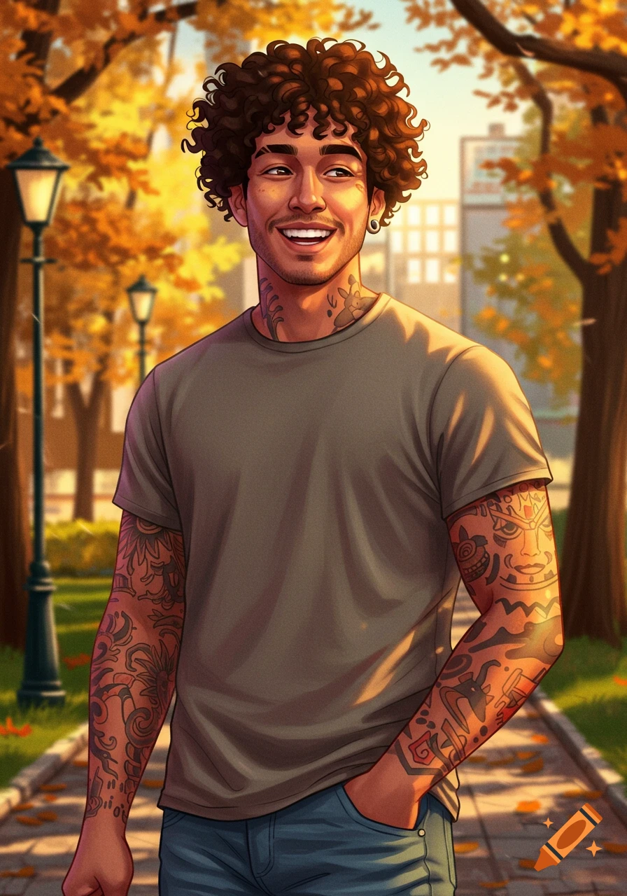 An illustration of a smiling man with curly hair and tattoos walking on a path in an autumn park.