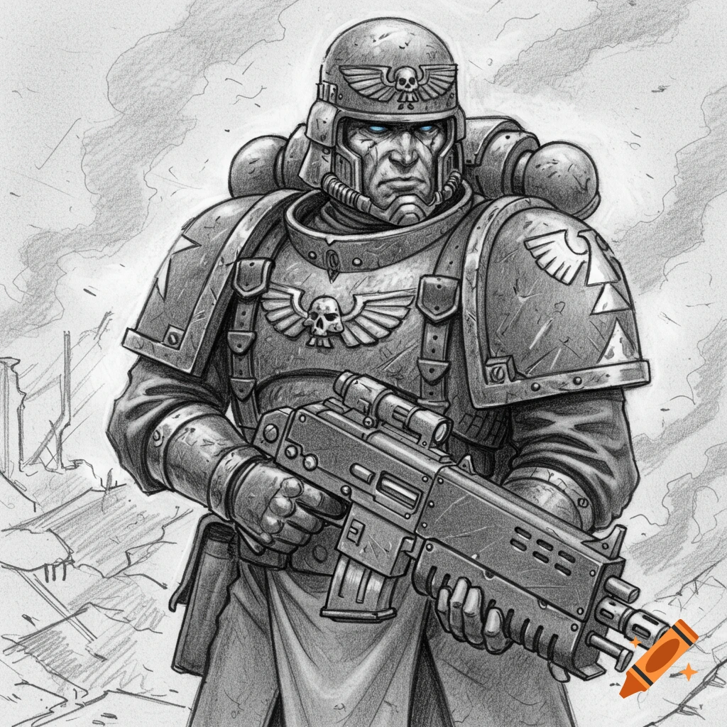 A pencil sketch of an armored Imperial Guardsman from Warhammer 40k, holding a rifle, standing amidst rubble.