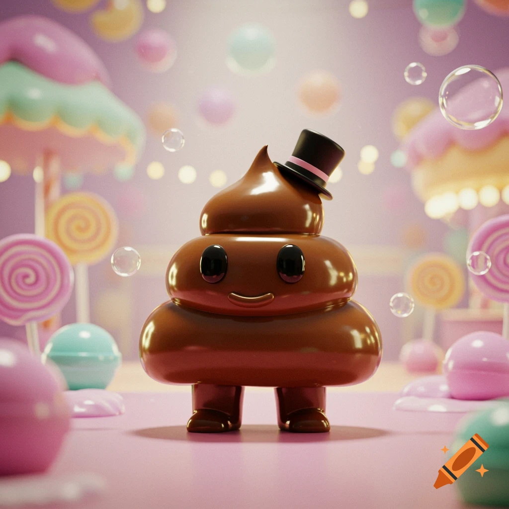 A happy, shiny 3D brown poop emoji character wearing a black top hat, standing in a whimsical candy land with lollipops, sweets, and bubbles.
