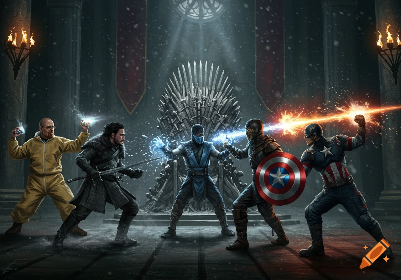 Walter White, Jon Snow, Sub-Zero, and Captain America in a dynamic fantasy battle around the Iron Throne, in a detailed digital painting.