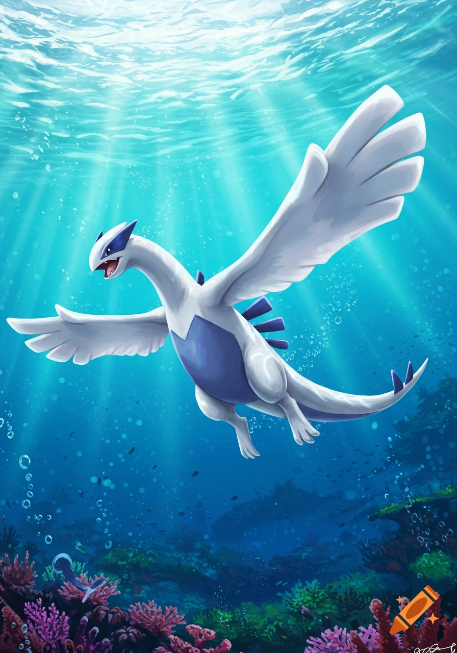 White and blue legendary Pokémon Lugia swims gracefully through a sunlit blue ocean, surrounded by colorful coral reefs.