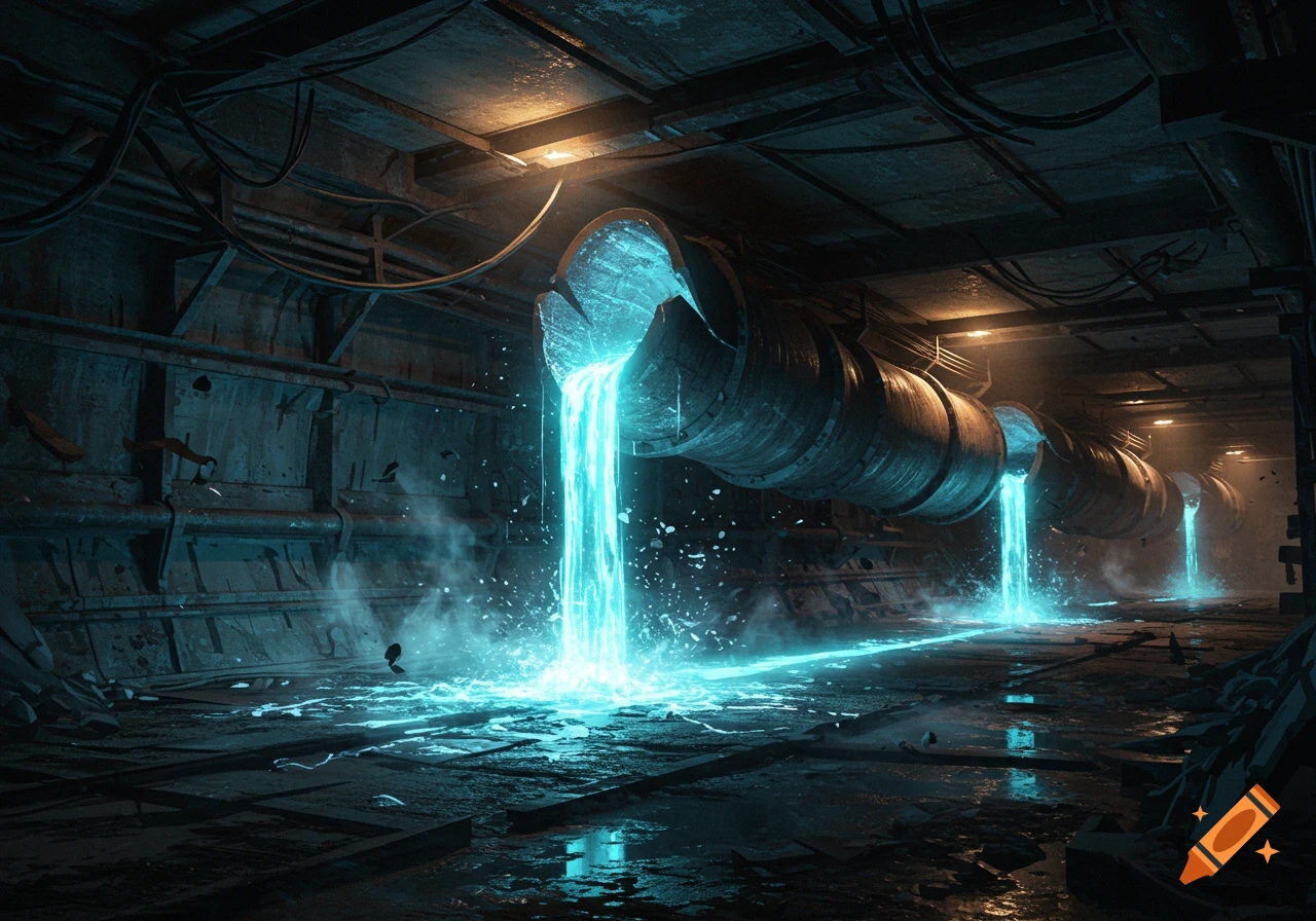 A dark, damp underground industrial tunnel with large pipes from which glowing blue liquid pours and flows across the floor.